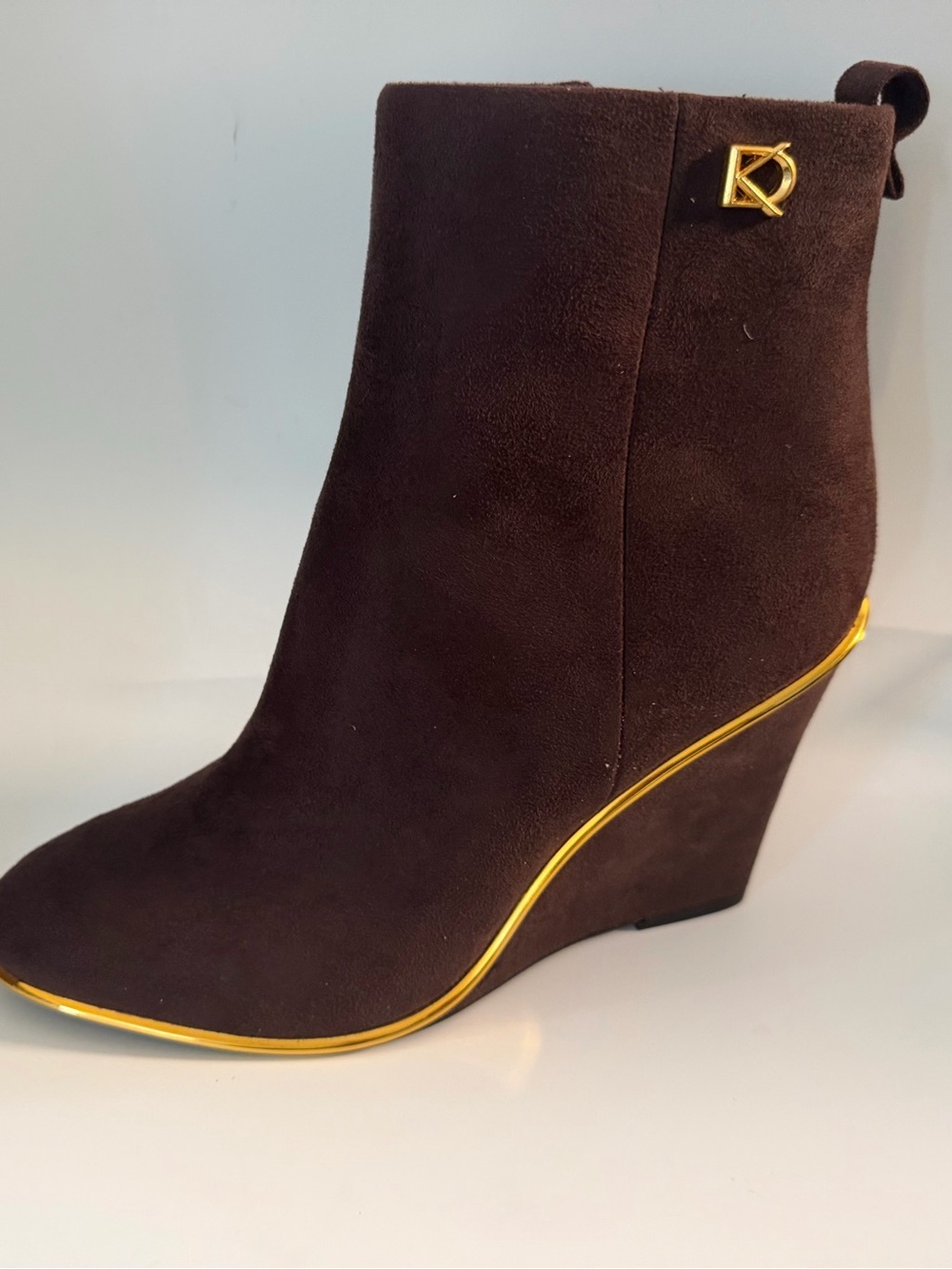Donna Karan Dark Brown Suede Wedge Ankle Boot with Gold Trim